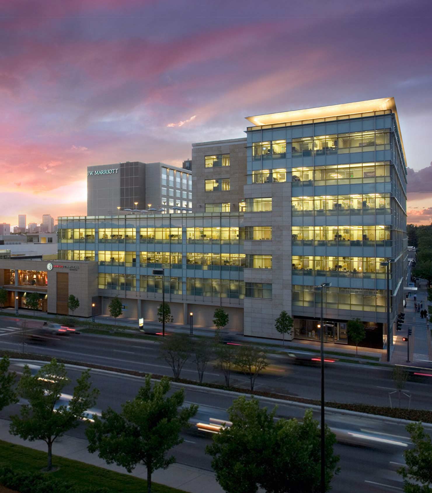Janus Capital Group World Headquarters with Hotel at Sunset